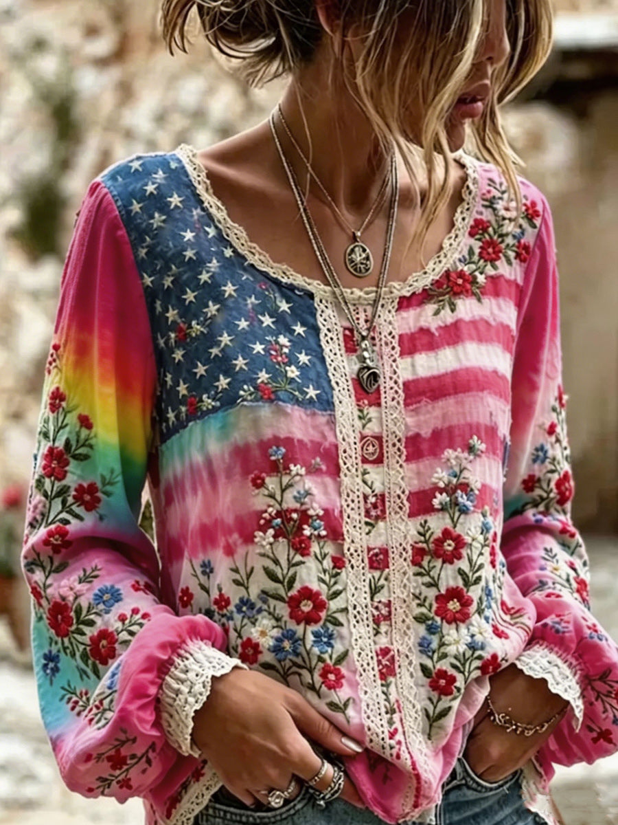 Rainbow Floral Art Printed Vintage Round-Neck Casual Long Sleeve Shirt